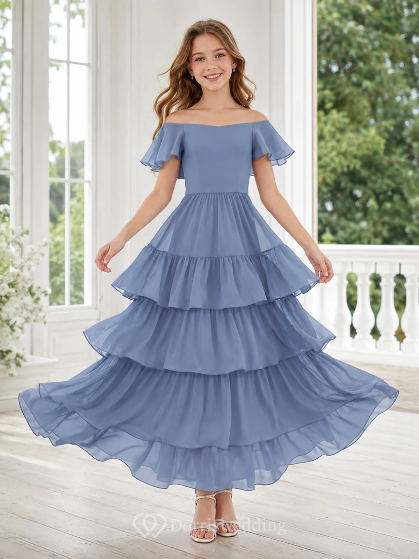 Vestido de dama de honor juvenil azul acero, corte en A, sin mangas, falda escalonada de gasa, romántico.