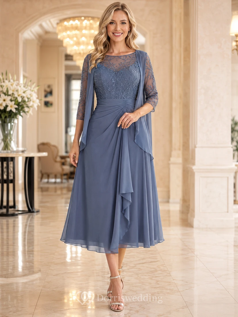Slate Blue Bateau Lace Three-Quarter Sleeve Tea-Length Mother Dress Reception
