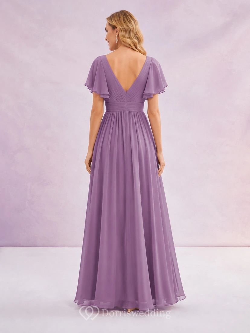 Vestido de fiesta formal largo hasta el suelo, de gasa, corte A, escote en V y mangas con volantes, color lavanda romántico. view 2