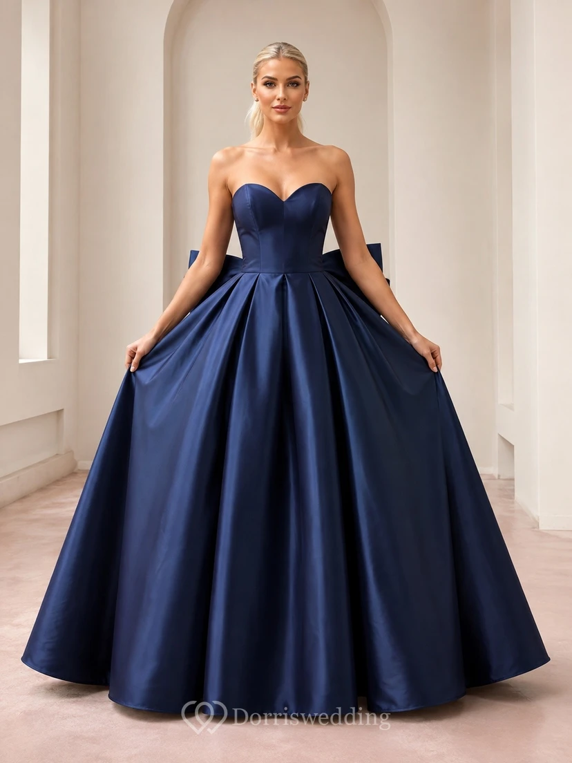 Luxury Dark Navy Satin Ball Gown Floor-Length Sweetheart Strapless Formal Dress