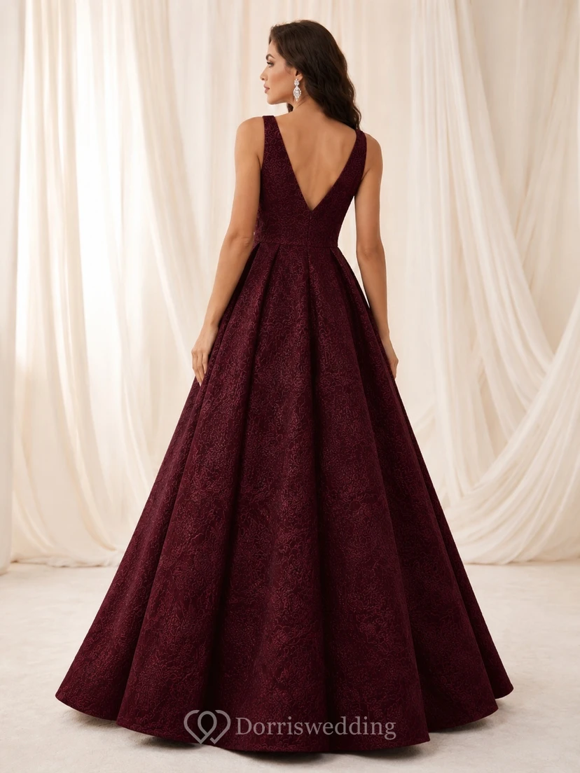 Burgundy Deep V-Neck Embossed Crepe Ball Gown Floor-Length Prom Evening Dress view 2