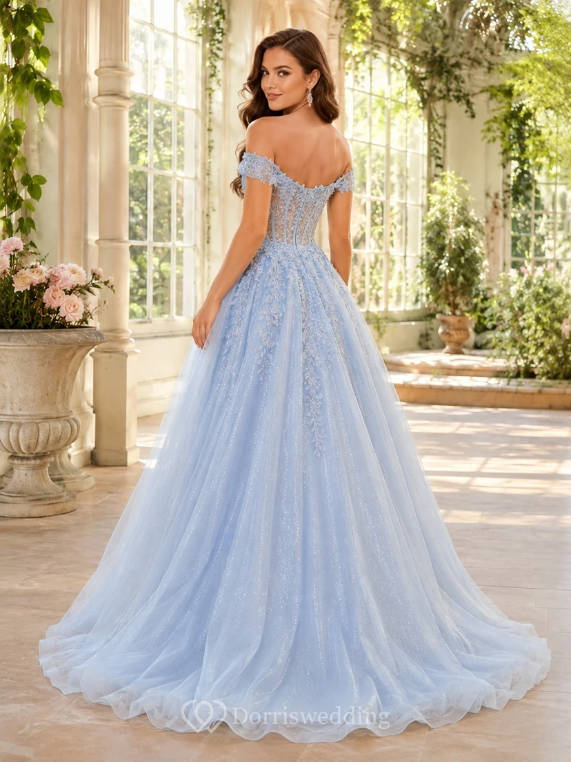 Luxury Sky Blue Off-Shoulder Beaded Lace Tulle Ball Gown Sweep Train Prom Dress view 2