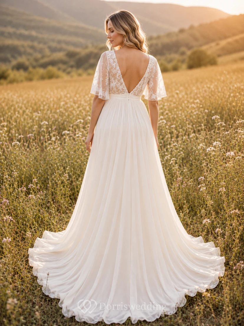 Boho Maternity Wedding Dress V Neck Flutter Sleeve A-Line Tulle Gown with Lace Bodice view 2