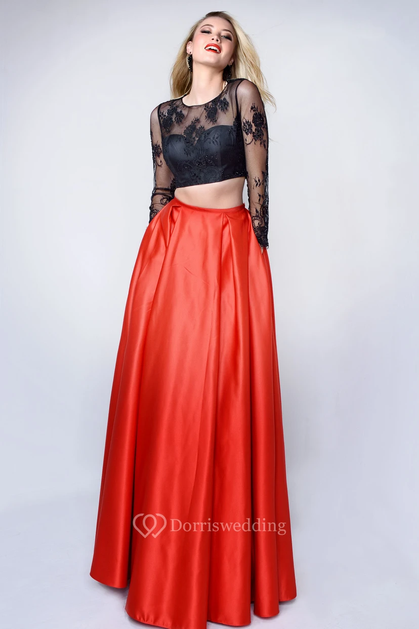 Two-Piece A-Line Scoop-Neck Long Sleeve Satin Keyhole Dress With Lace And Appliques view 3
