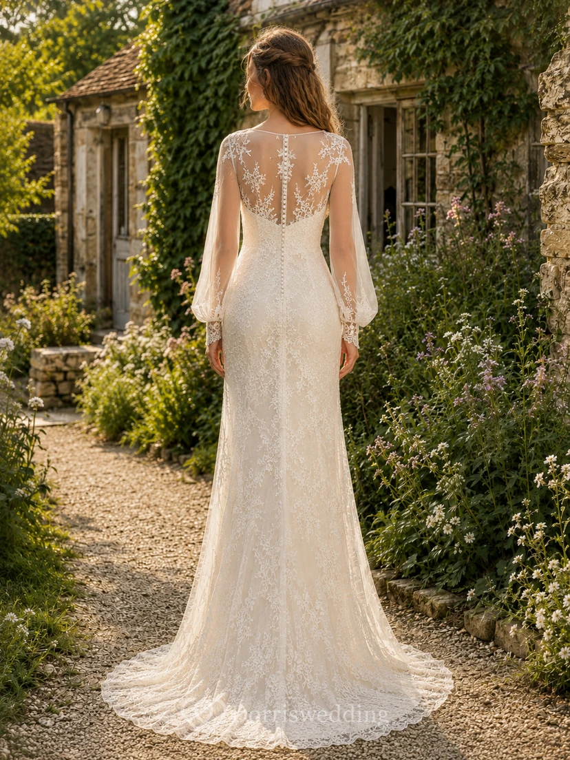 Robe de mariée bohème vintage à manches illusion et dentelle, style cottage garden view 2