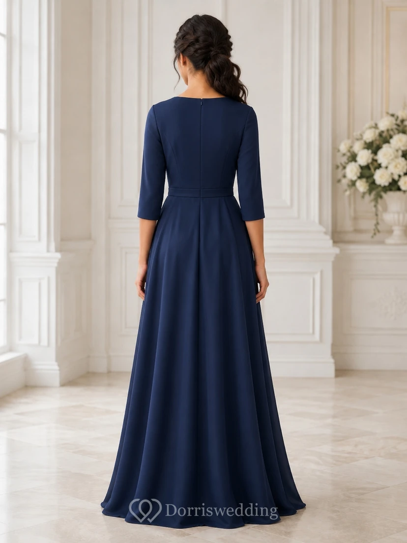 Dunkelblaues Brautjungfernkleid für junge Damen, A-Linie, V-Ausschnitt, Dreiviertelärmel view 2