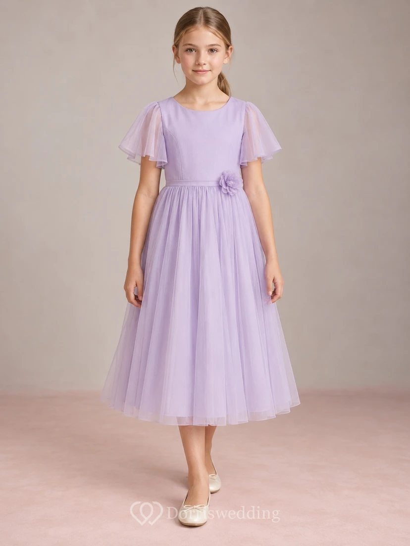 Lilac Tea-length Jewel Flutter-sleeve Tulle Gathered Floral Banded Princess-seamed Flower Girl Dress