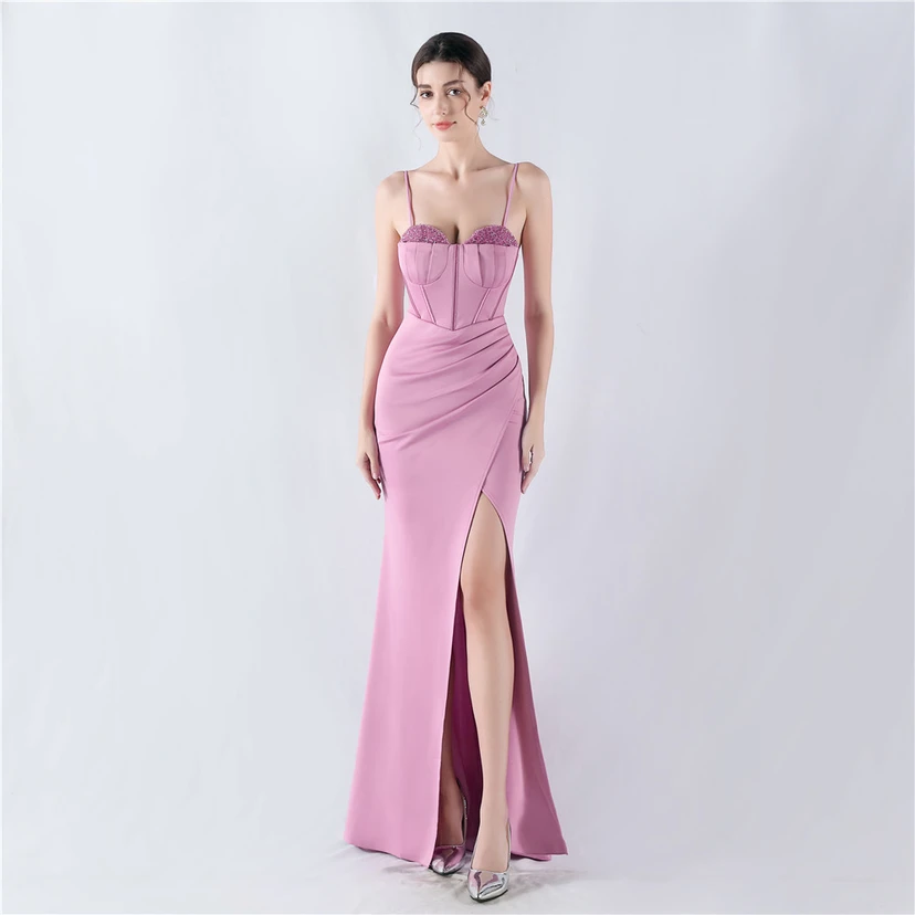 Fishbone Waist Set Crystal Diamond Satin Host Evening Dress video preview