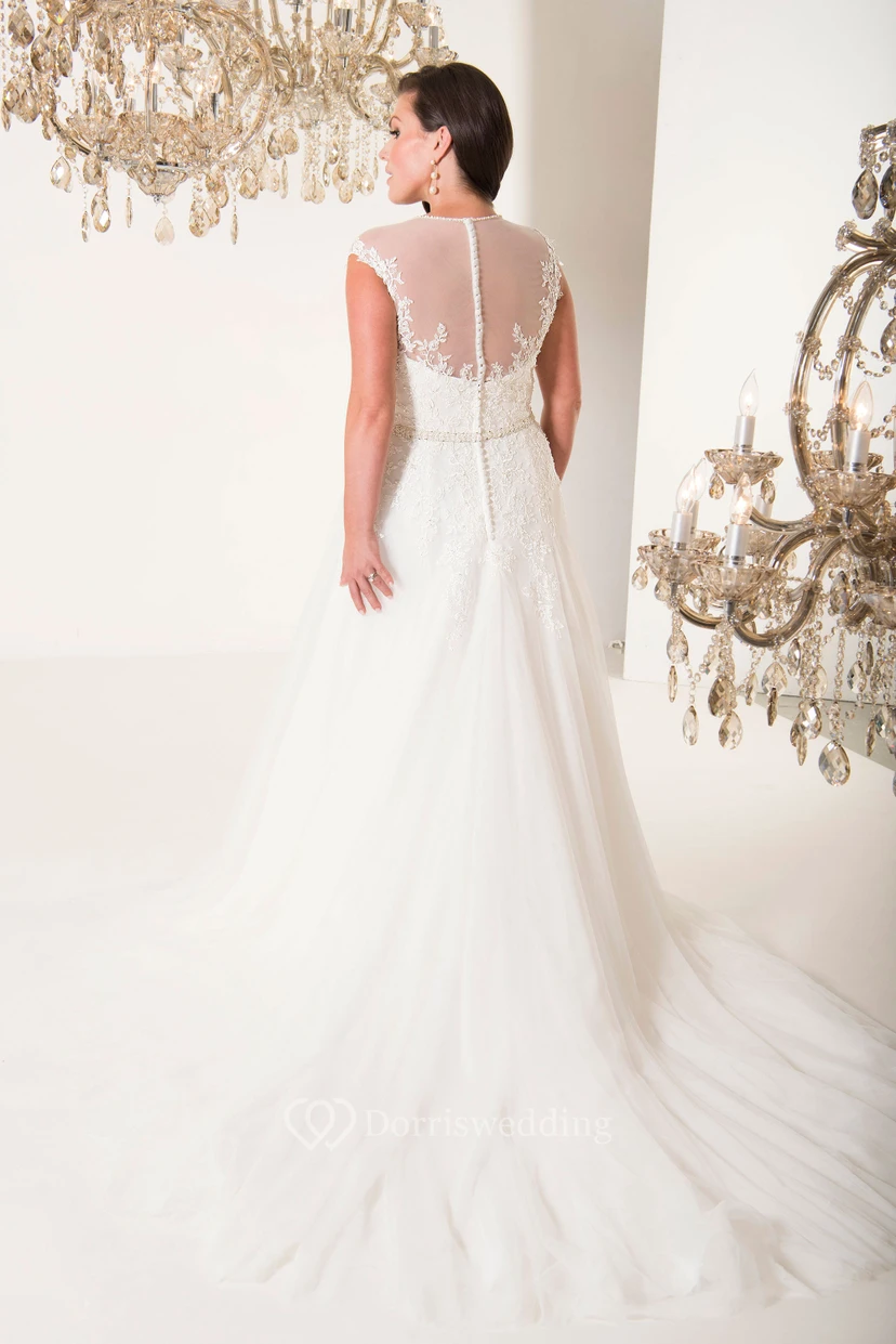 A-Line Floor-Length V-Neck Sleeveless Tulle Court Train Illusion Appliques Dress view 2