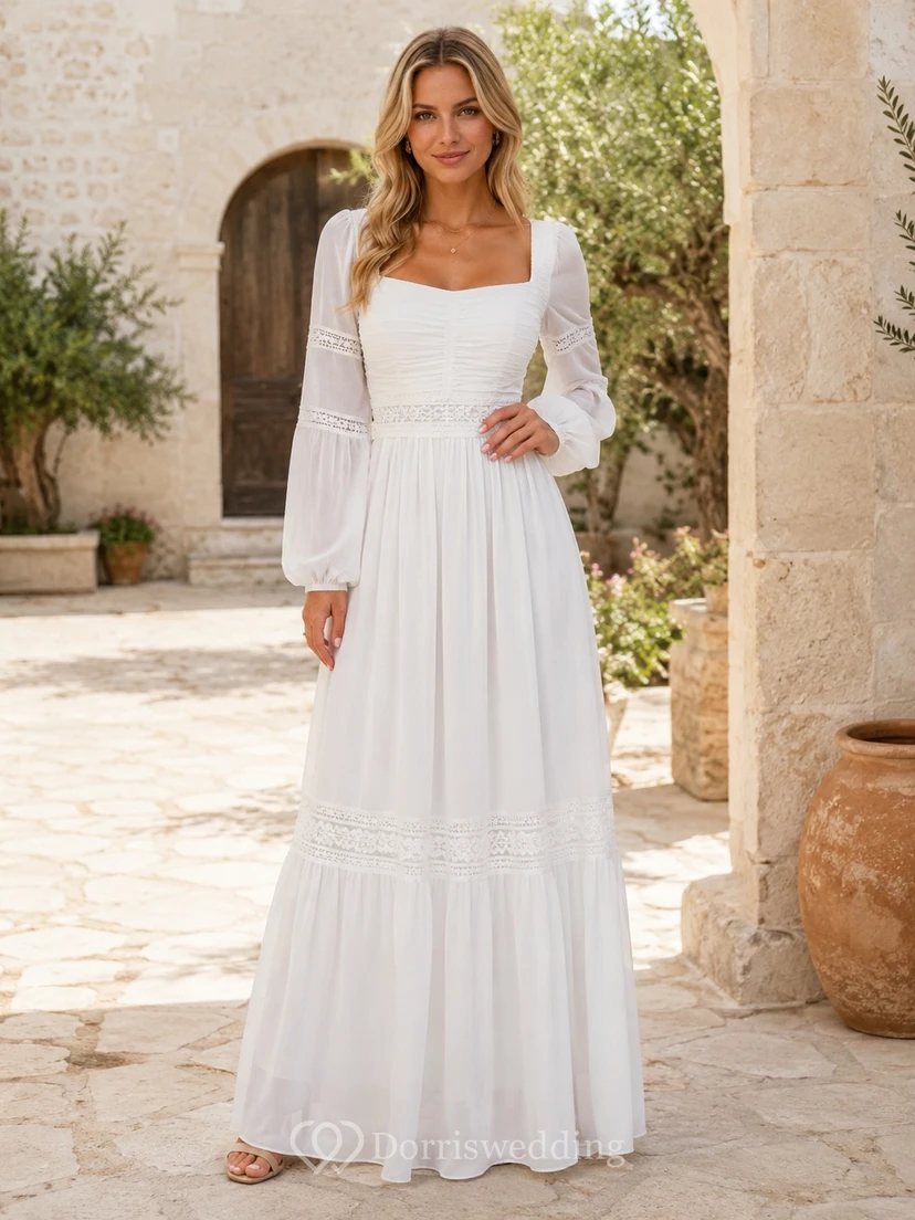White Square-Neck Long-Sleeve Chiffon A-Line Floor-length Modest Garden Guest Dress