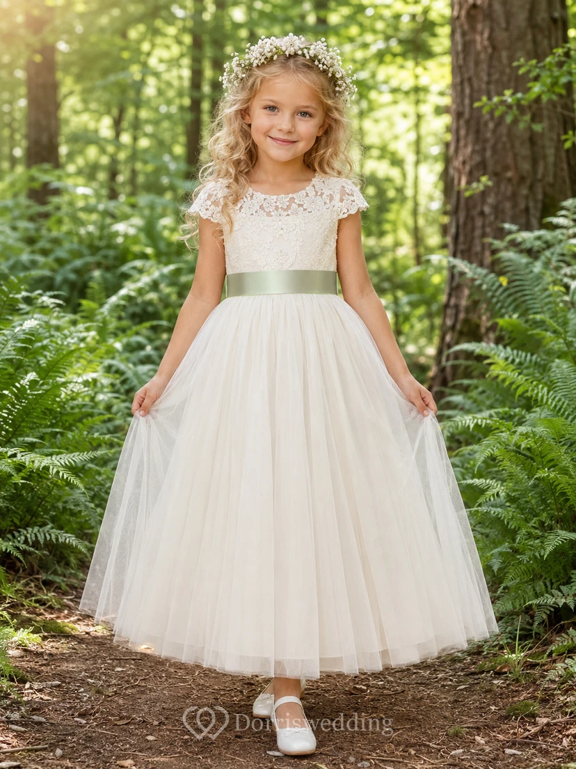 A-Line Flowergirl Lace Tulle Floor-Length Cap Sleeve Sash Forest Wedding Dress