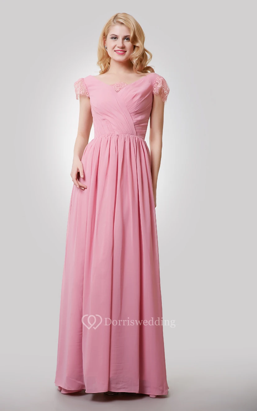 Chiffon A-Line Long Dress With V-Neck and Cap Lace Sleeves