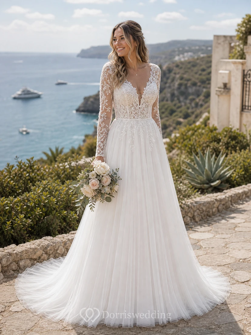 Vestido de novia campestre sexy de encaje con espalda en V y tul. view 11