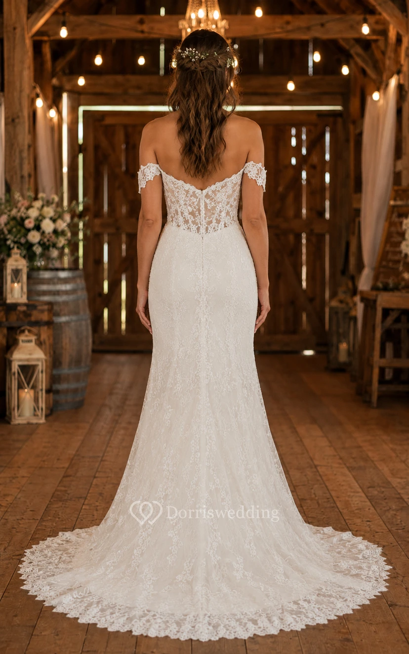 Off-the-Shoulder Mermaid Lace Country Wedding Dress with Court Train view 2