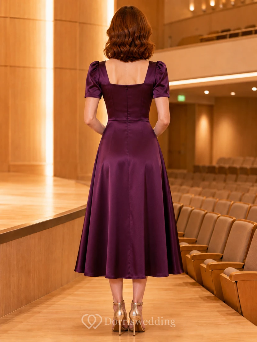 Plum square neck puff sleeve satin performance midi dress view 2