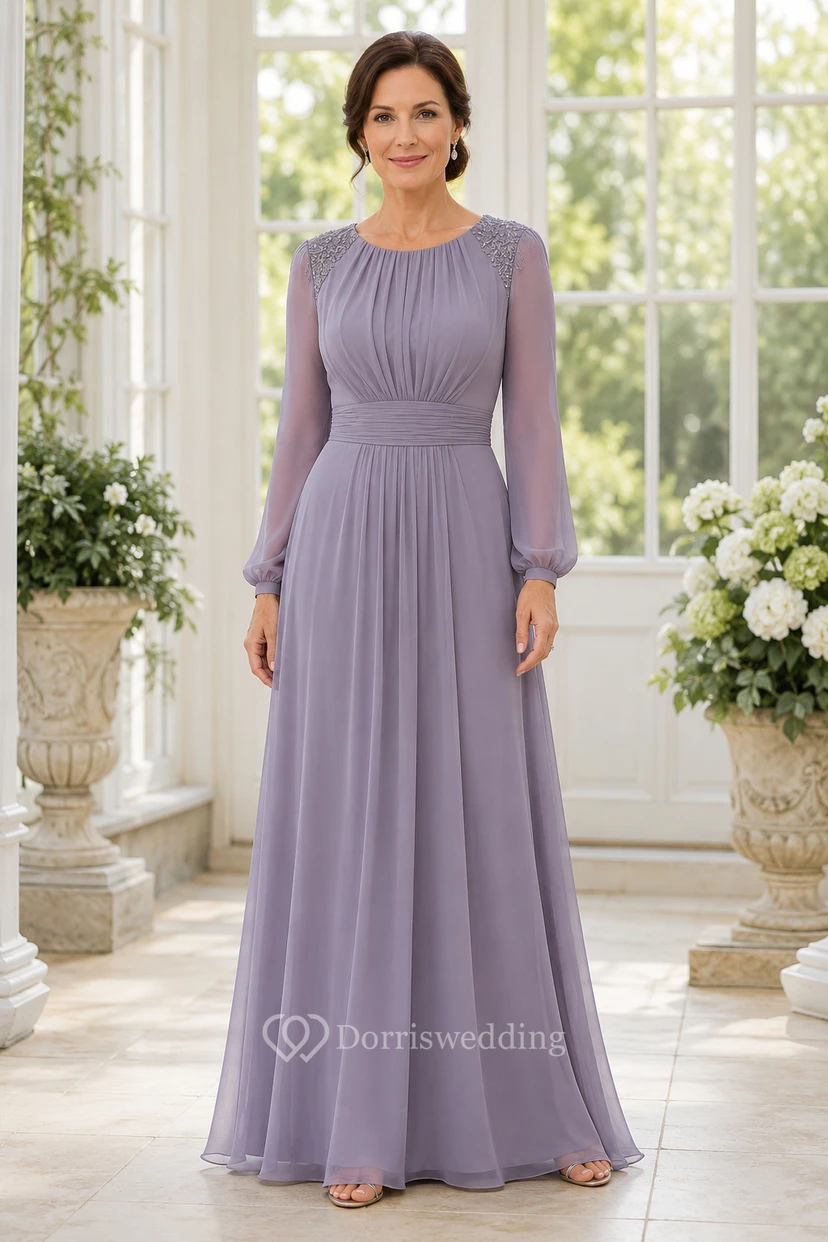 Robe de mère en mousseline lilas à manches longues, coupe trapèze, corsage plissé