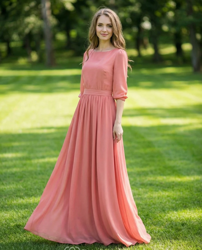 Vestido de gasa color melocotón para la madre de la novia