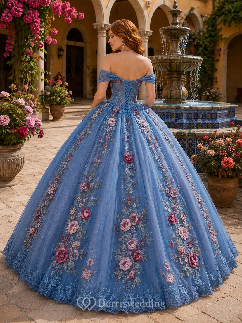 Vestido de fiesta formal de princesa para quinceañera, estilo Hacienda, color azul acero, hombros descubiertos, encaje rosa. view 2