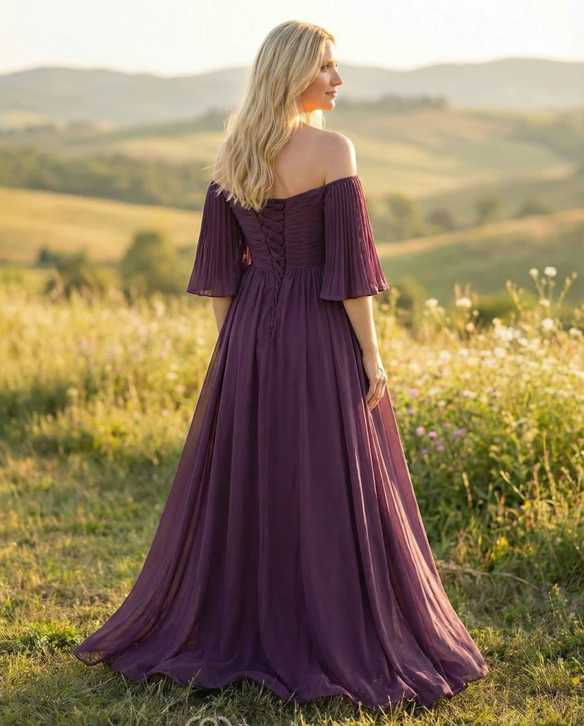 Maternity Bridesmaid Dress Plum Off Shoulder Chiffon Flutter Sleeve Gown view 2