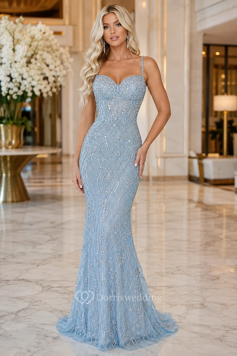 Evening Gown Sky Blue Sequin Mermaid Sweetheart Sleeveless Beaded Floor Length
