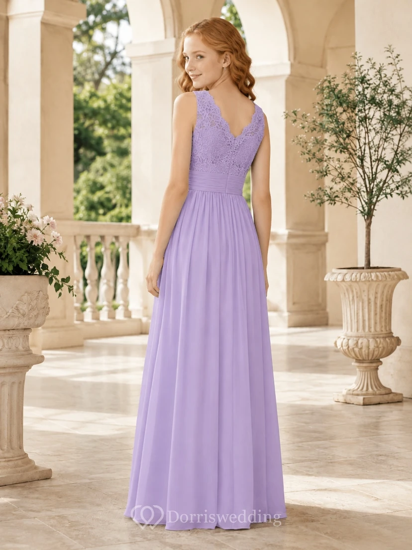 Lavendelfarbenes Brautjungfernkleid, A-Linie, ärmellos, mit Muschelsaum, Spitze und Chiffon, elegant view 2