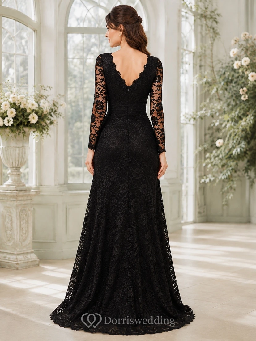 Black Lace Scalloped-Neck Long-Sleeve A-Line Sweep-Train Romantic Evening-Gown view 2