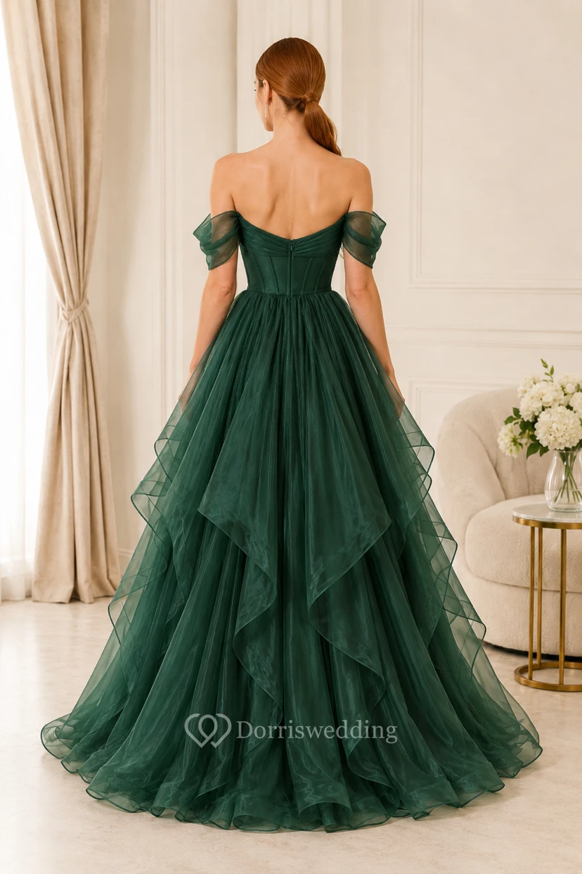Plus Size Dark Green Off-the-Shoulder Organza Ball Gown Prom Dress with Corset Bodice view 2