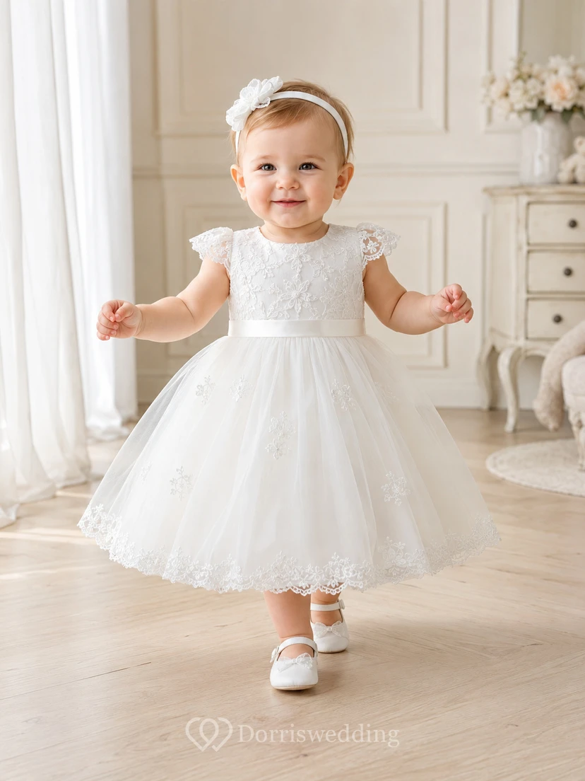 Luxuriöses Tüll-Taufkleid mit A-Linie und kurzen Ärmeln aus Spitze