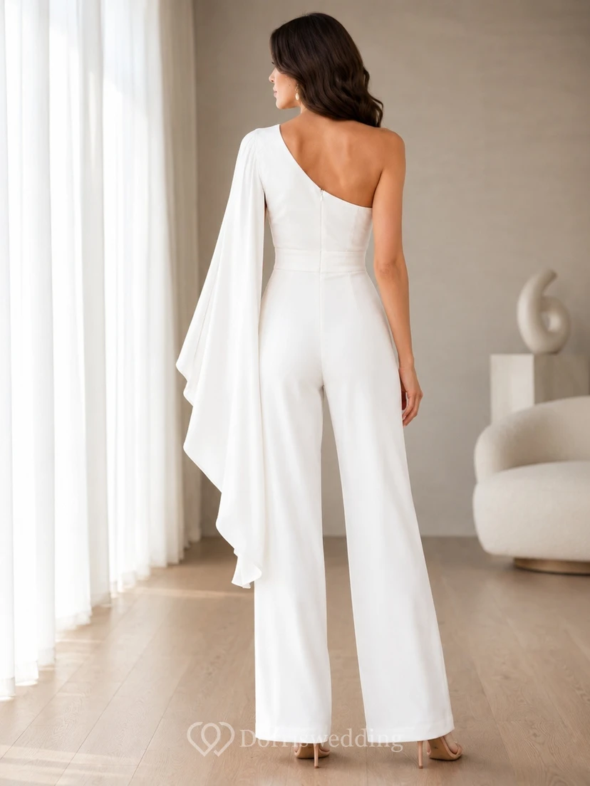 White One-Shoulder Sleeveless Jersey Jumpsuit Floor-length Modern Evening Dress view 2