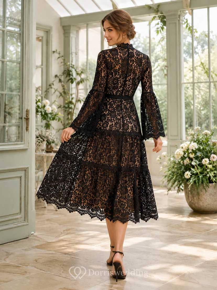 Bell Lace Black A-Line Tea-Length High-Neck Long-Sleeve Bohemian Guest Dress view 2