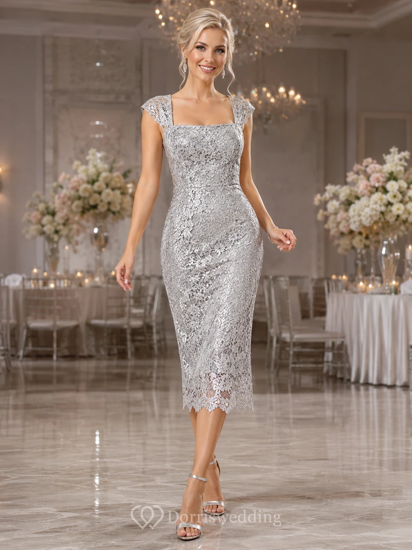 Vestido midi ajustado de corte recto con tirantes de encaje plateado, ideal para fiestas y eventos.