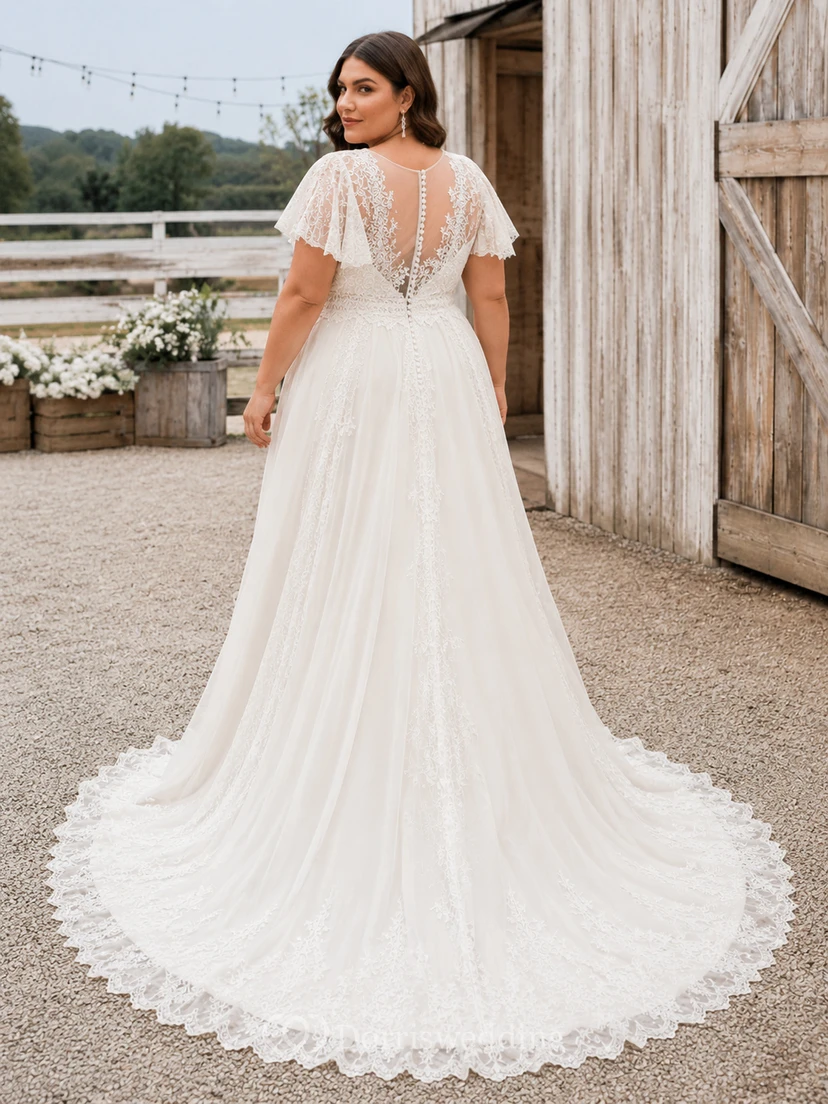 Plus Size Romantic V-Neck Short Flutter Sleeve Floral Lace A-Line Chapel Train Wedding Dress view 2