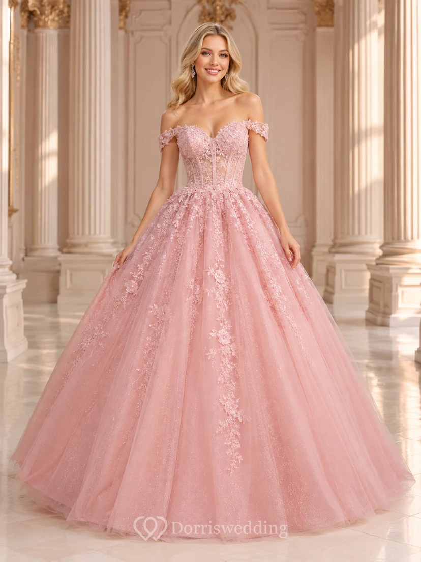 Blossom Pearl-Pink Off-Shoulder Sweetheart Floral Lace Tulle Ball-Gown Floor-Length Quinceanera Prom Dress