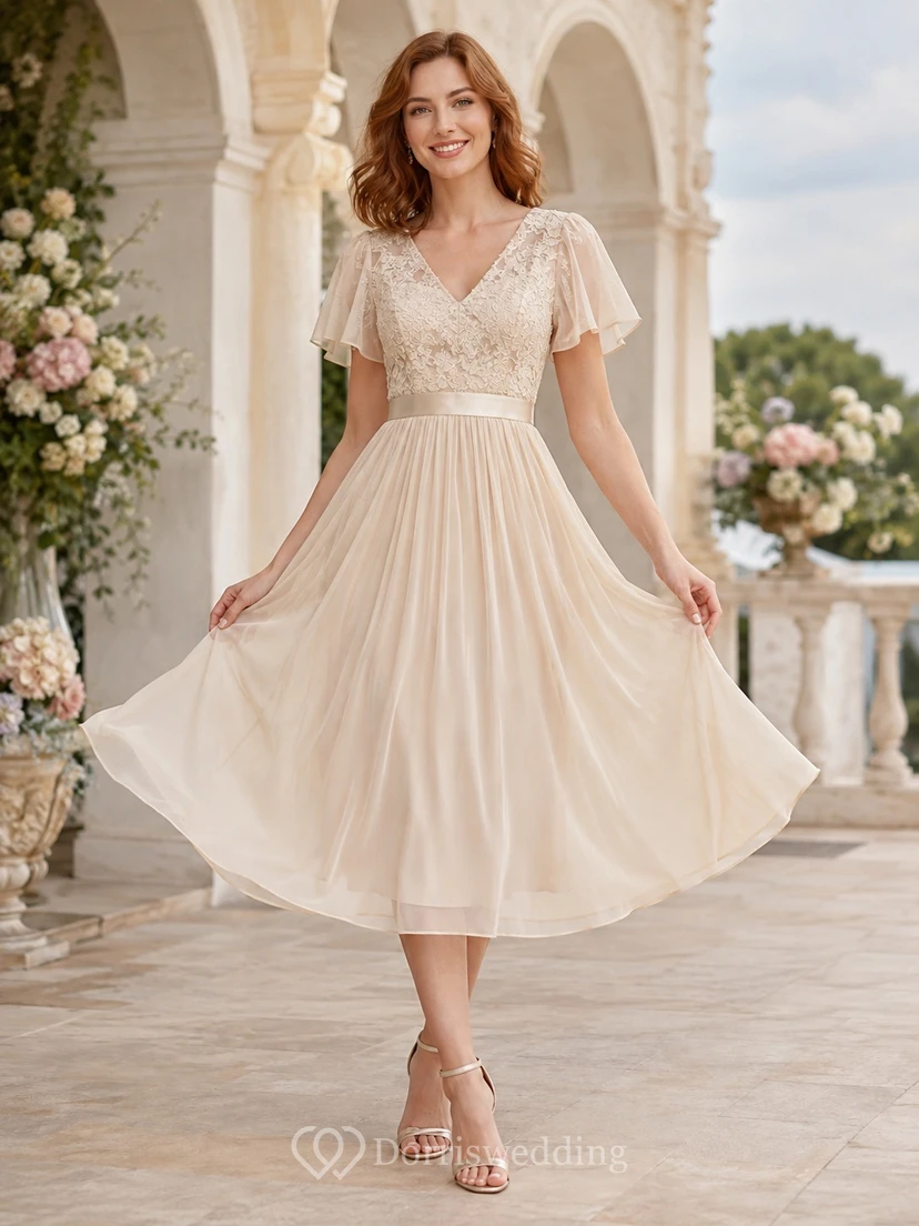 Cream Chiffon Lace V-Neck Cap Sleeve A-Line Tea-Length Romantic Guest Dress