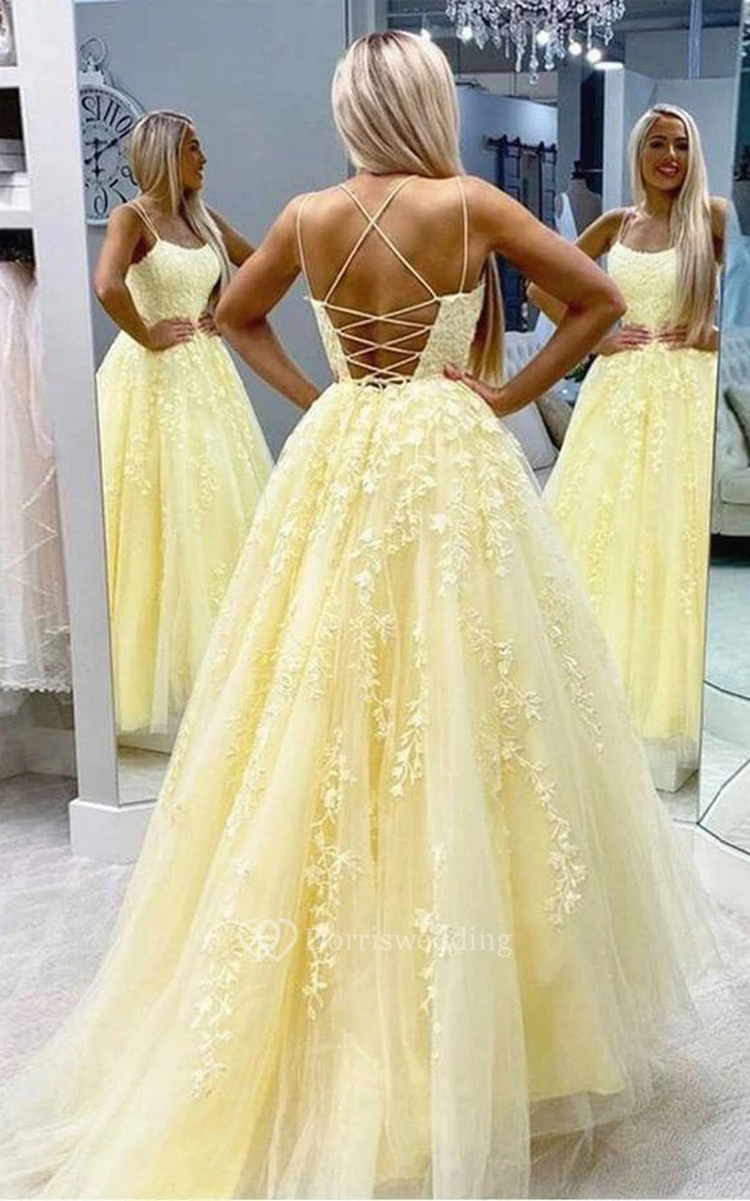 Spaghetti-Weißes Empire-Kleid in A-Linie mit Spitzenapplikationen und Tüll view 4