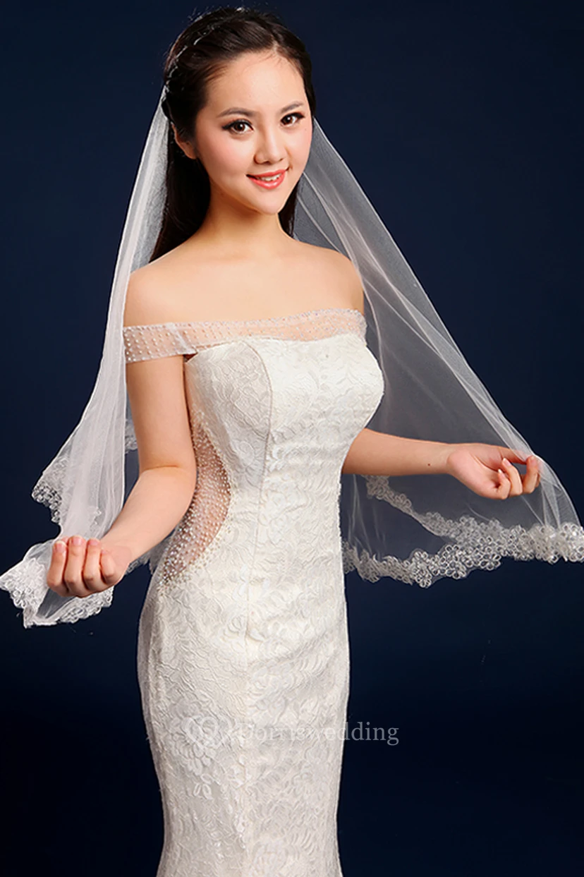 Long Tulle Wedding Veil with Lace Edge view 3