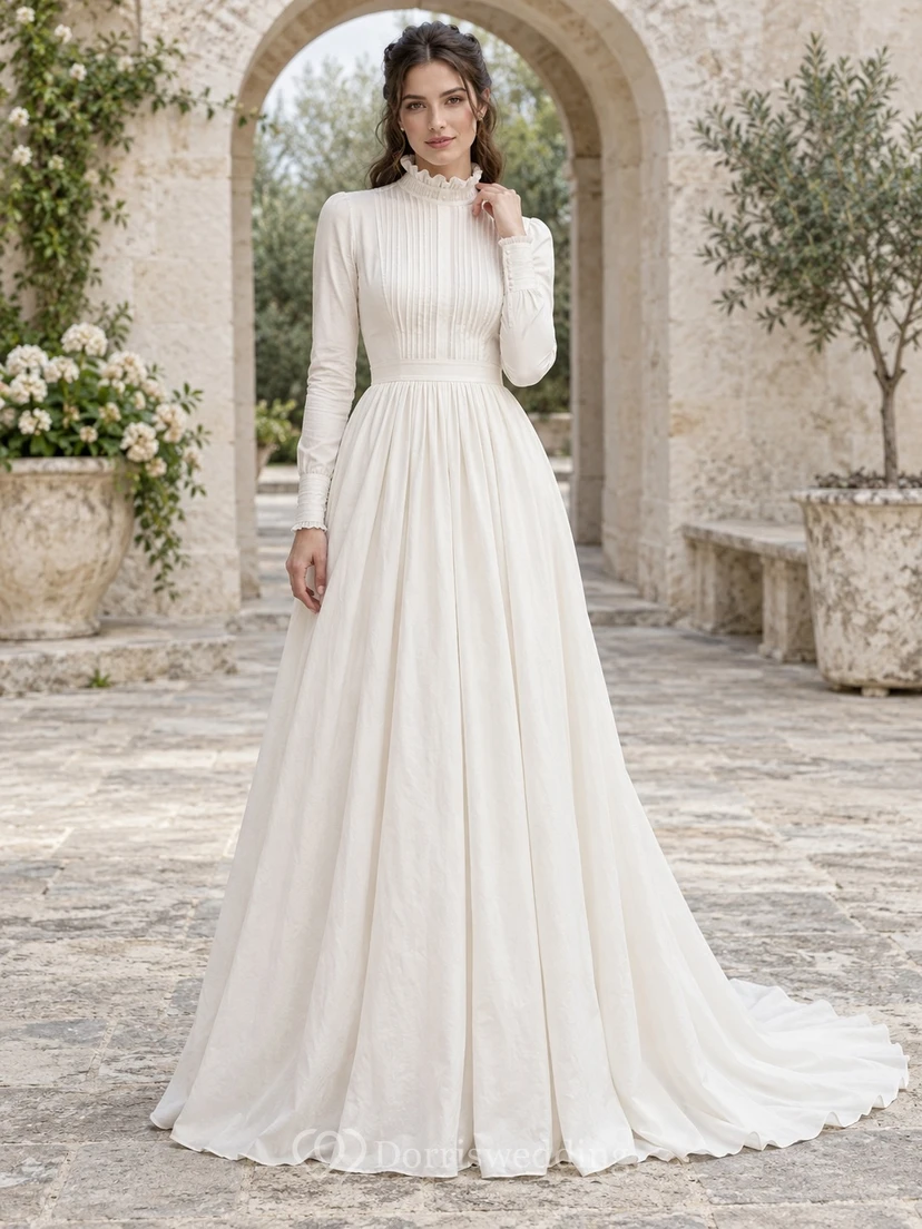Simple Pintucked Bodice Long Sleeve High Neck Pleated Cotton A-Line Floor Length Wedding Dress