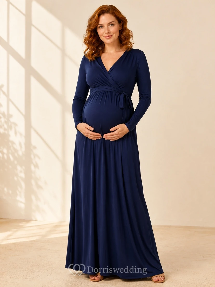 Robe de maternité bleu marine foncé, col en V, manches longues, en jersey, coupe trapèze, longueur au sol