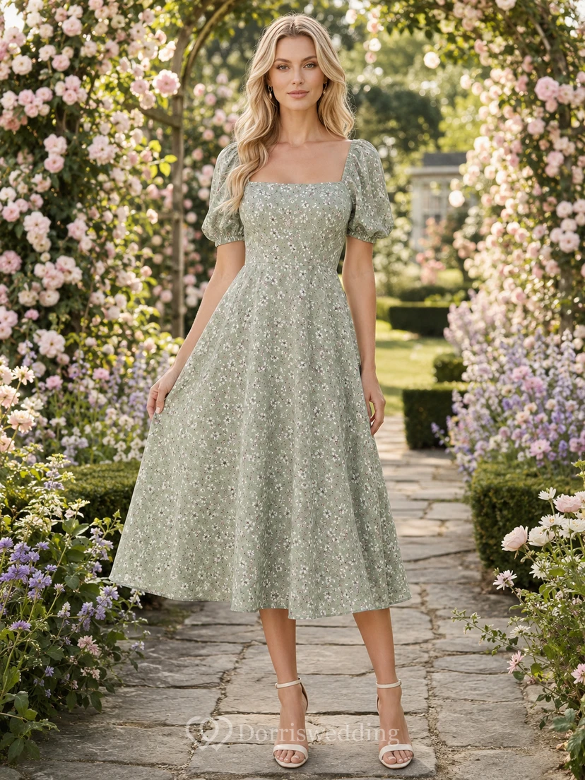 Sage Garden Wedding Guest Dress A-Line Chiffon Lace Square Neck Short Sleeve Tea-Length Floral
