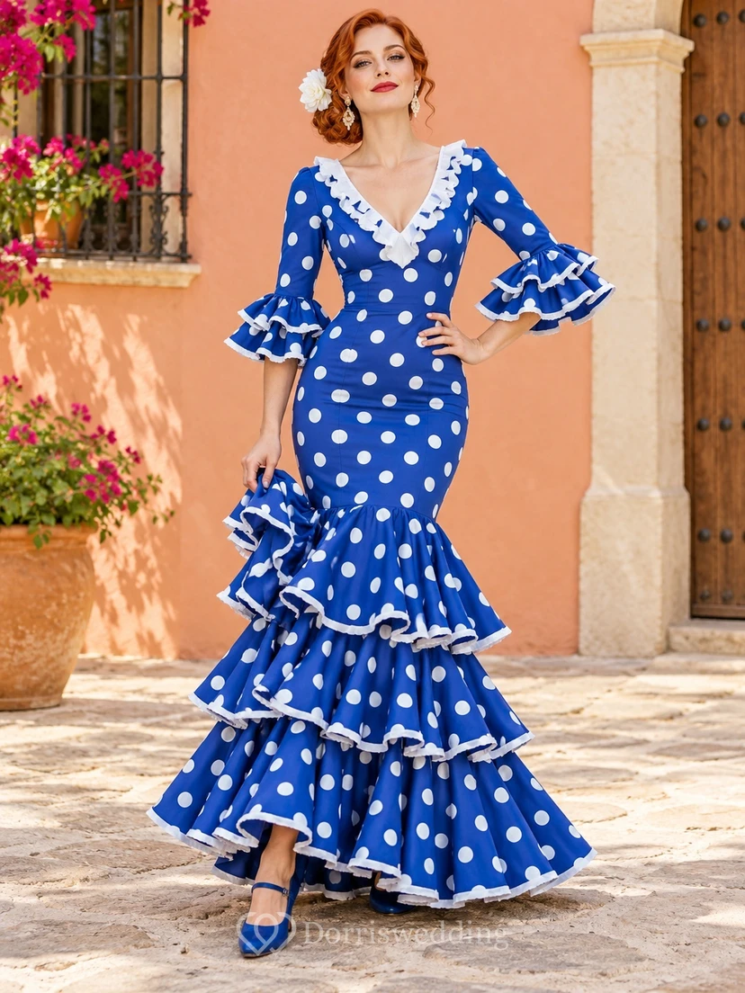 Robe de danse flamenco bleu roi à pois, manches cloche et volants