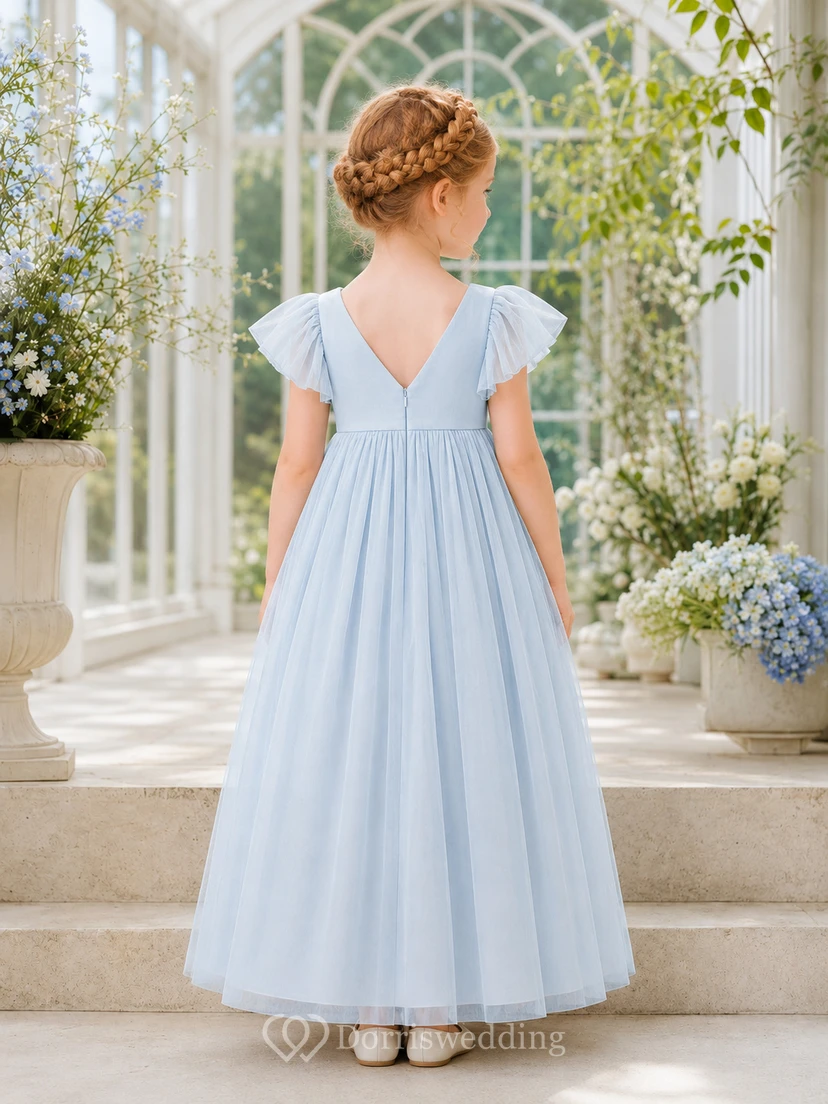 Sky Blue Flower Girl Dress Floor-Length Tulle Empire A-Line V-Neck Flutter Sleeve Lace Insert view 2