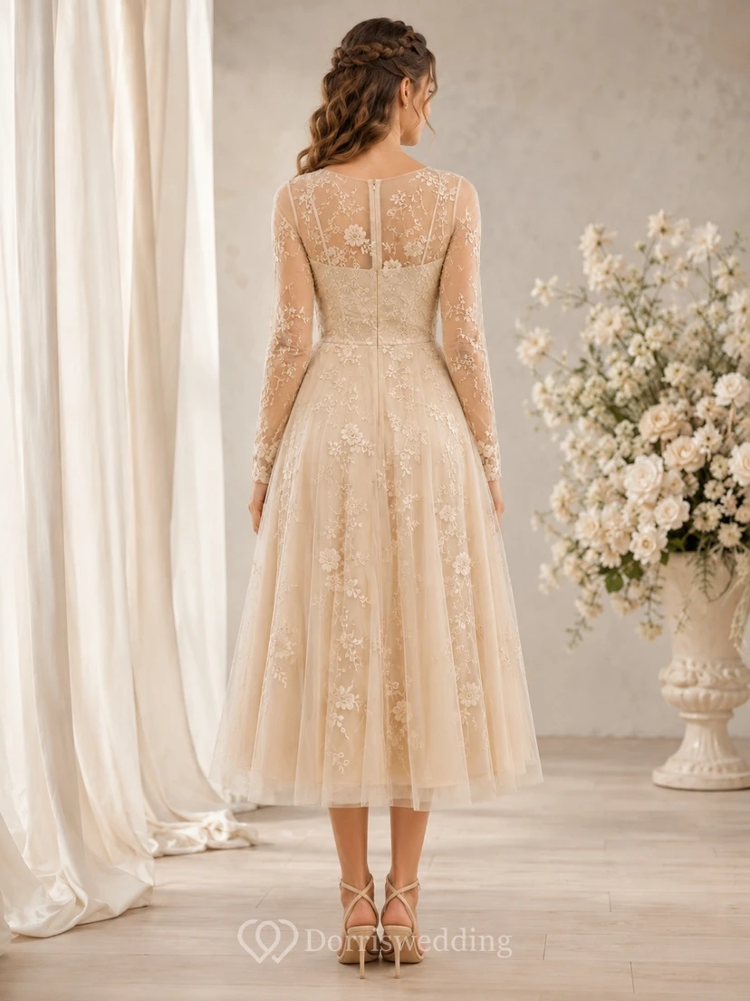 Champagne Sweetheart Long Sleeve Lace A-Line Midi Dress view 2