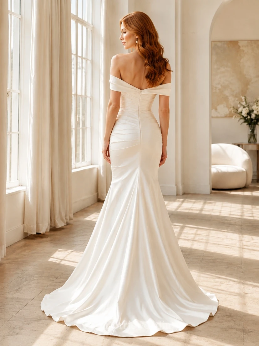 Satin Off-the-shoulder Ruched Floor-length Sweep Train Mermaid Bridal Gown view 2