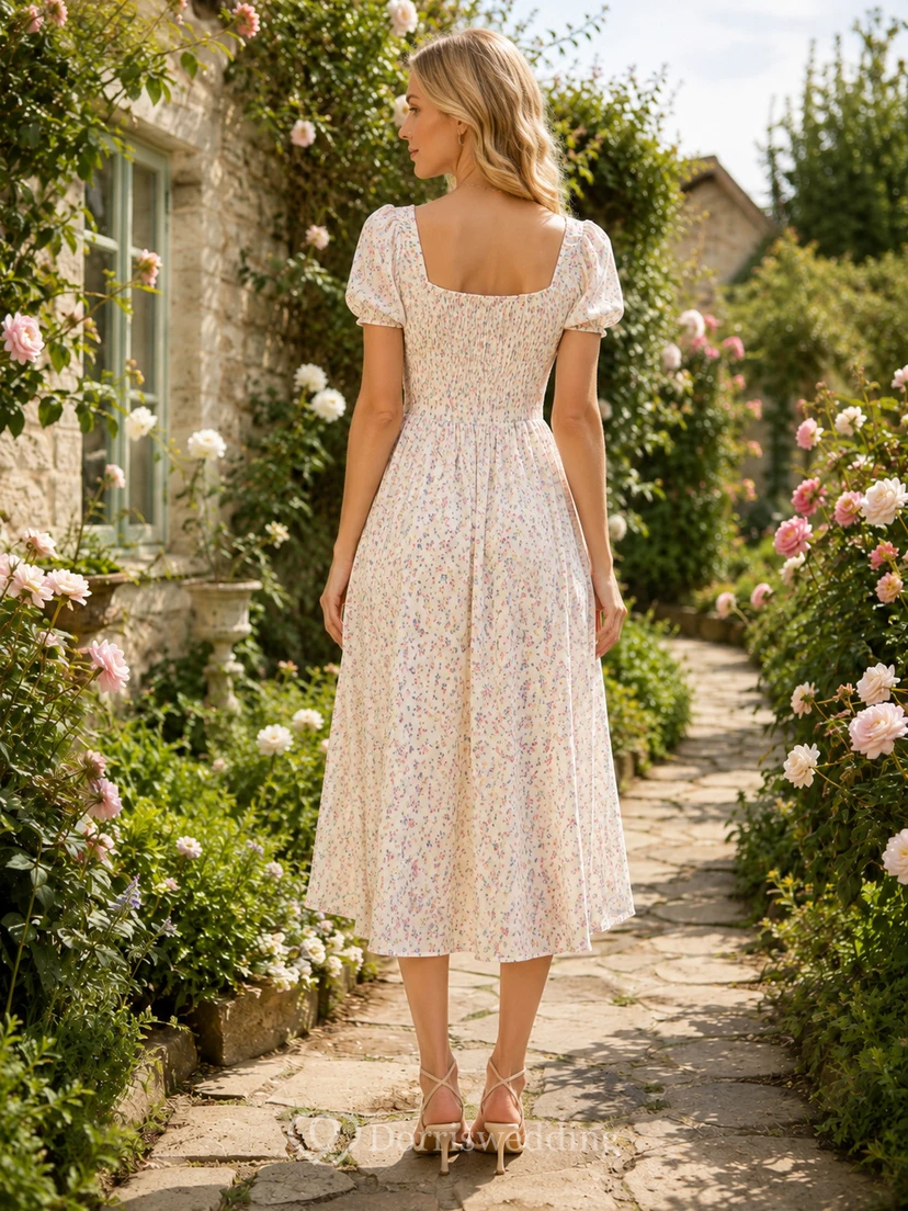 Ditsy Floral Square Neck Puff Sleeve Midi Dress view 2