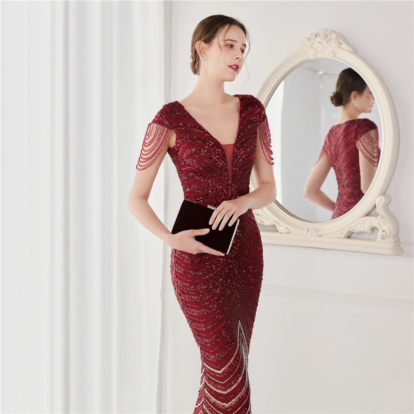 Paillettenbesetztes, handwerklich perfekt gefertigtes, perlenbesetztes Party-Abendkleid – sexy langes Kleid für die Braut view 14