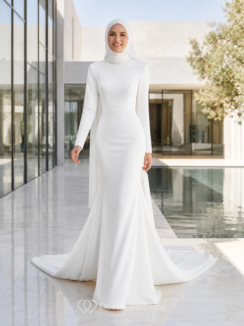 Vestido de novia de sirena de crepé, manga larga y cuello alto, de estilo musulmán modesto, de estilo musulmán.