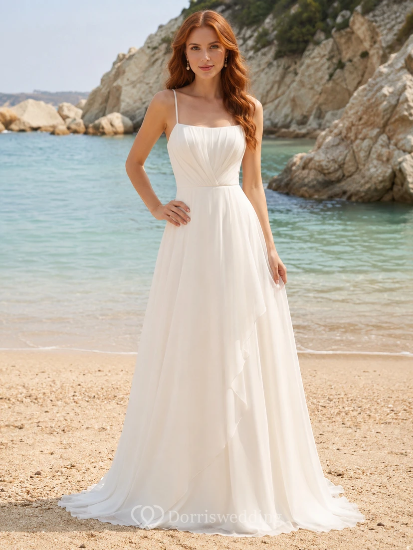 Beach Strapless Ruched Bodice Chiffon A-Line Wedding Dress