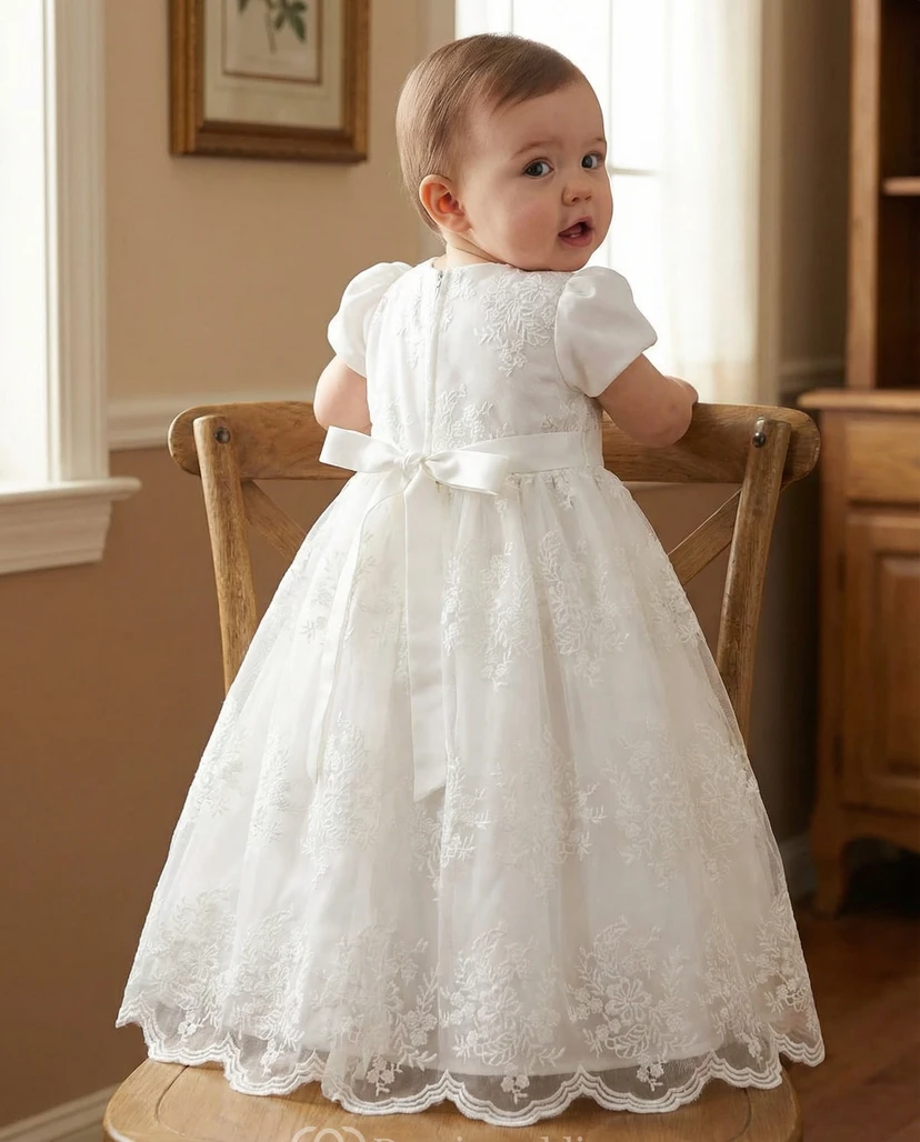 Vestido blanco de niña para bautizo, vestido de gala con falda de encaje y lazo en la cintura. view 2