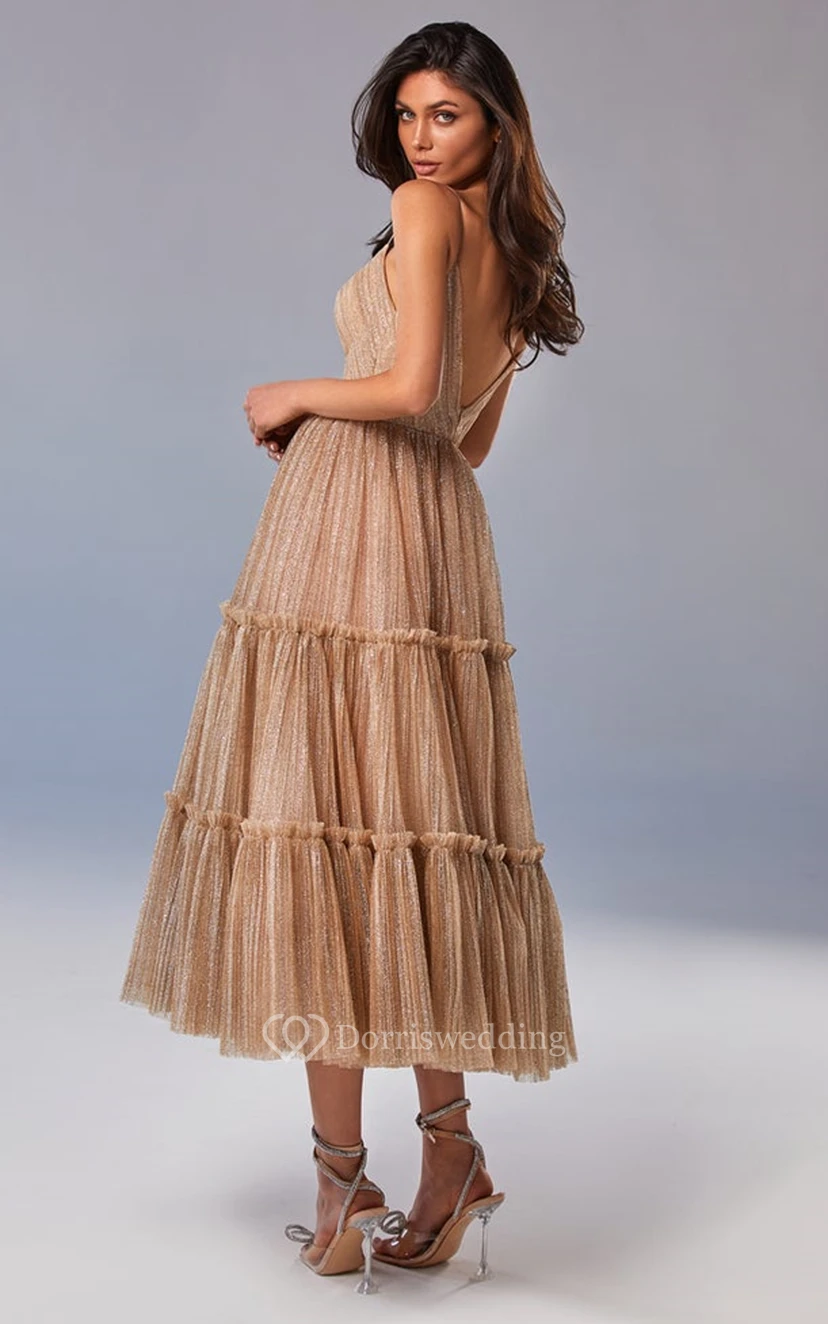Vintage A Line Spaghetti V-neck Tulle Prom Dress view 6