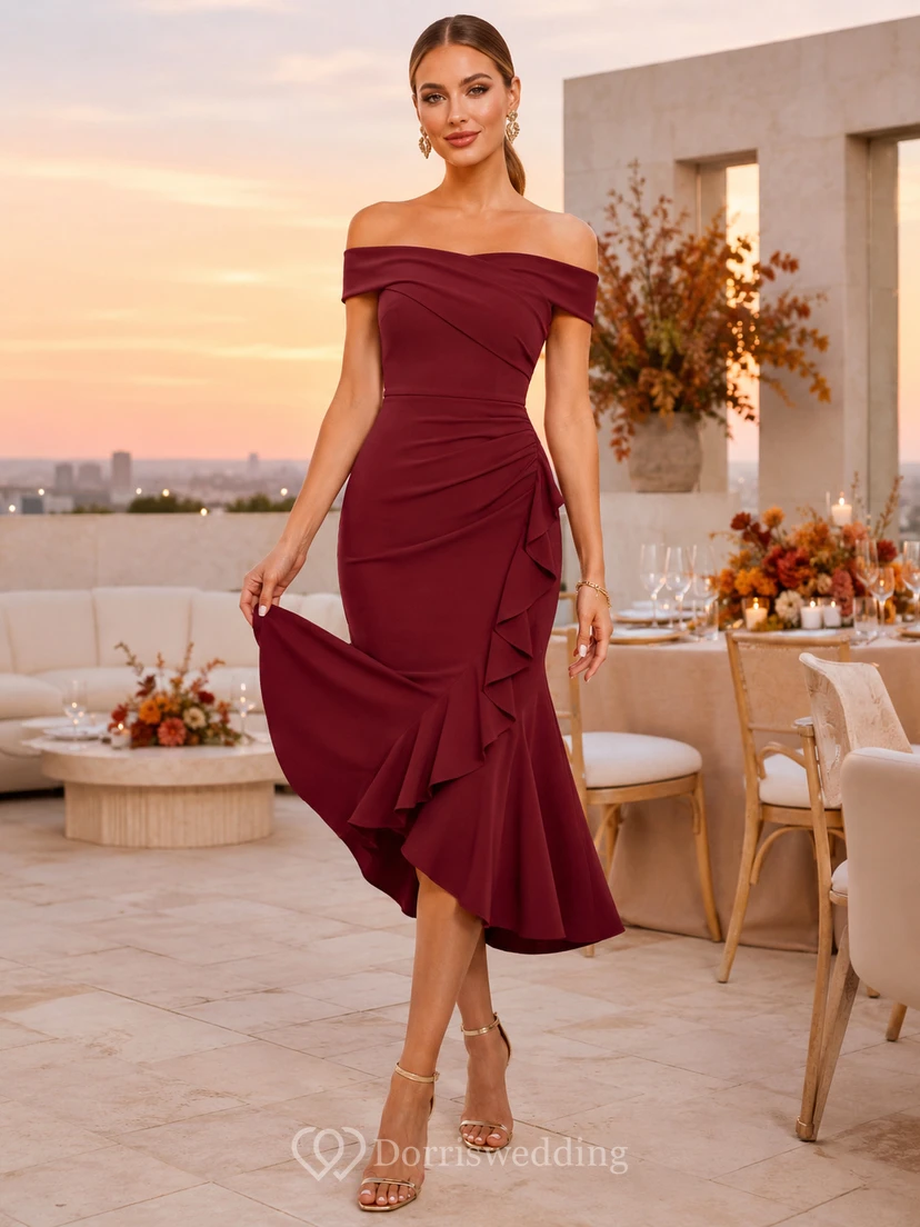 Burgundy Off-Shoulder Ruffle Chiffon Asymmetric Midi Wedding Guest Dress